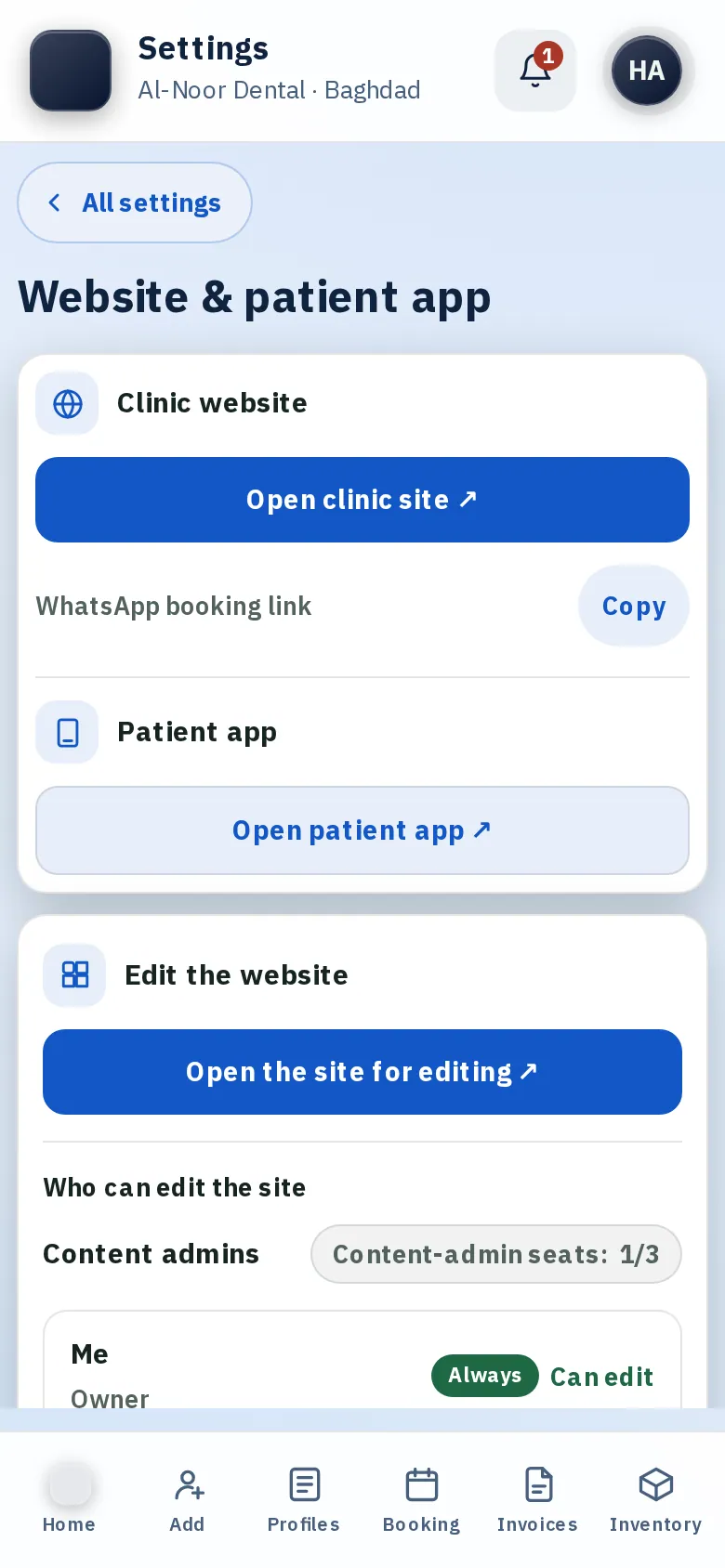 What the clinic controls: Booking and WhatsApp